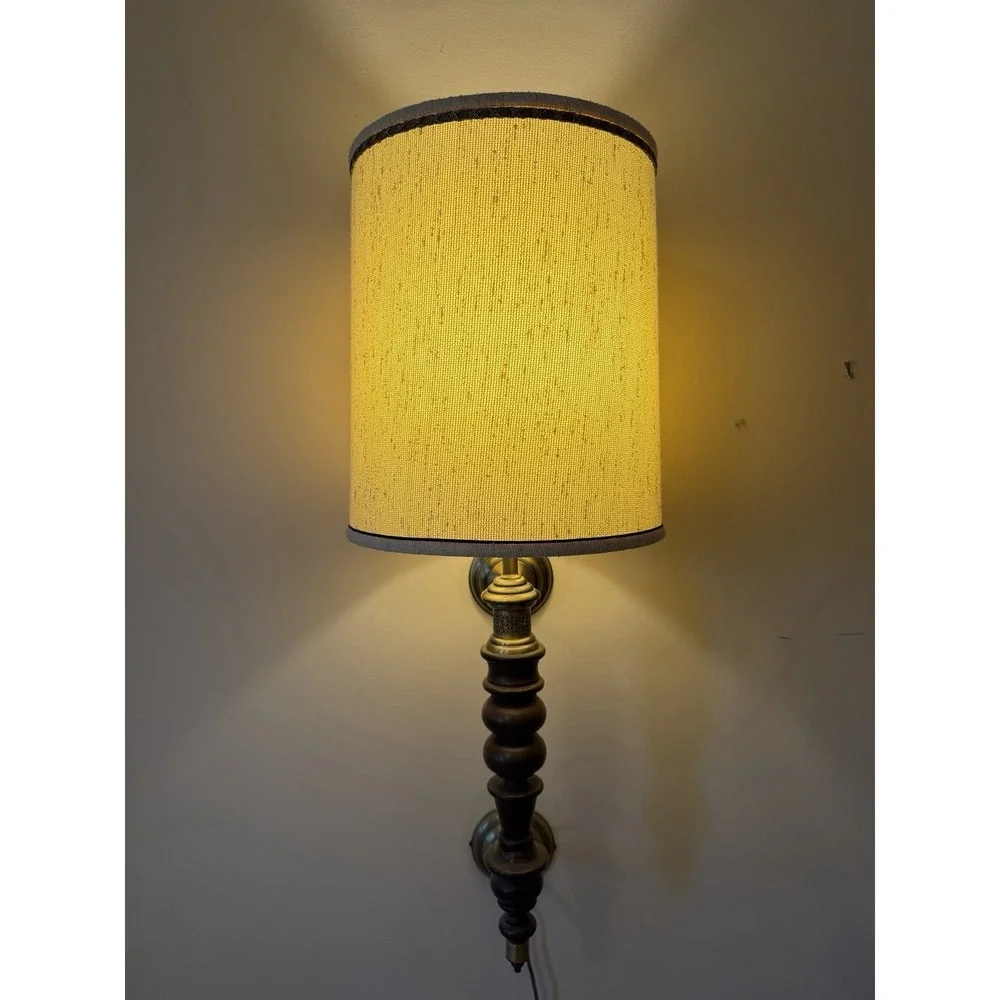 Vintage Roman Column Wall Sconce Lamp Wood Brass Org Linen Shade MCM Style